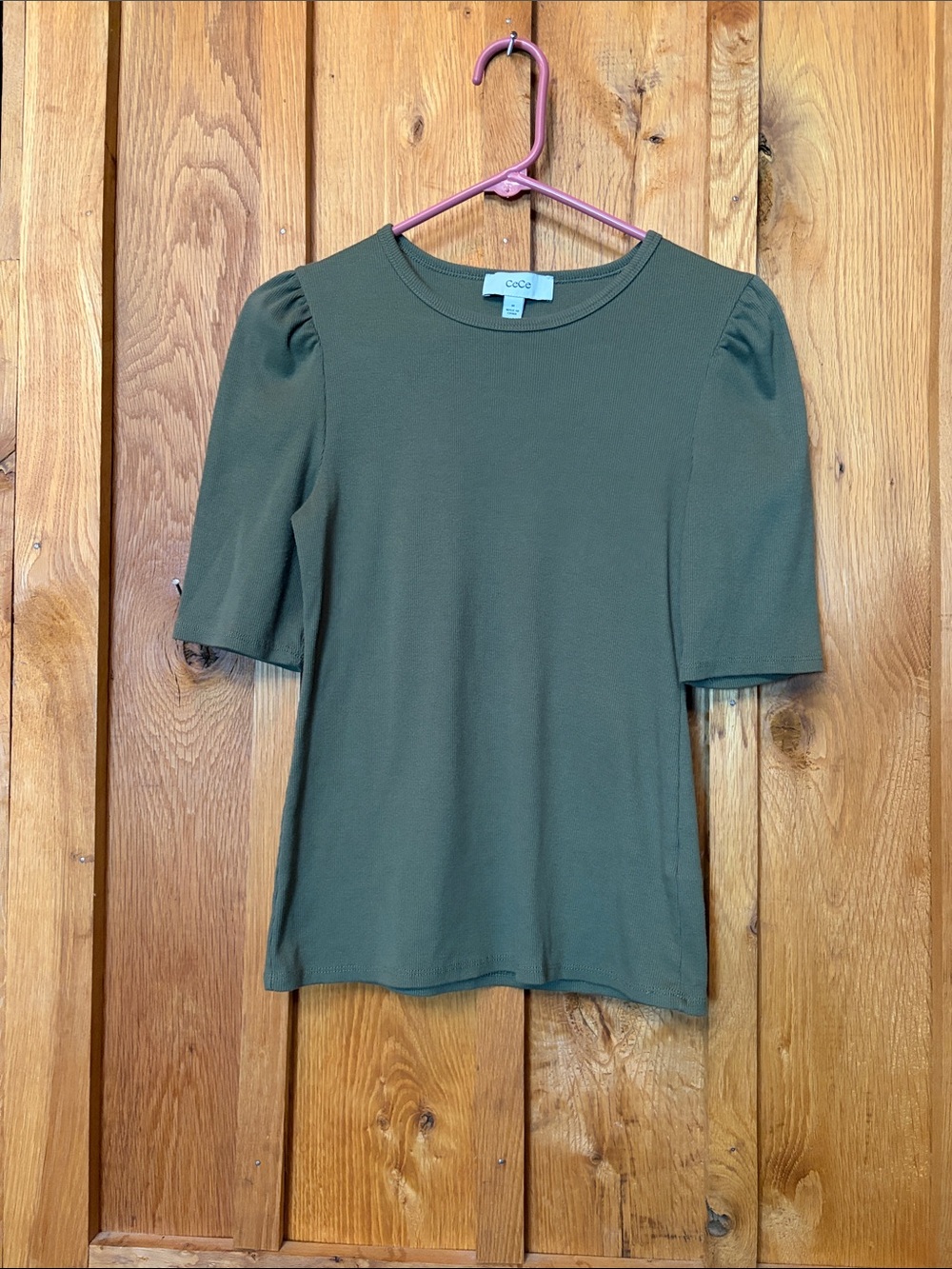 CeCe Olive Green Puff Half Short Sleeve Ribbed Casual Crewneck Top, Medium